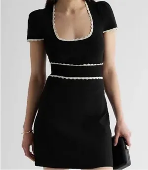 NWT Express Puff Sleeve Scallop Trim Sweater Dress Black White Size XL thumbnail 1