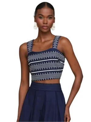 Avec Les Filles Cotton Embroidered Square-Neck Tank Top iNavy/Cream Size XS NWT thumbnail 3