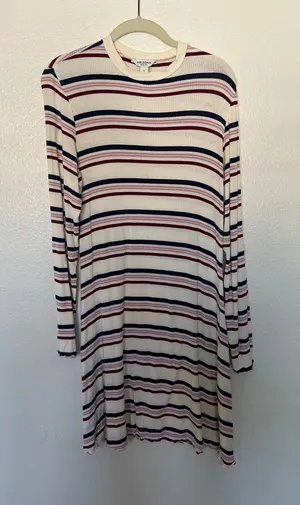 EUC Arizona Striped Long-Sleeve Knit Dress - Cream with Navy & Burgundy Stripes thumbnail 1