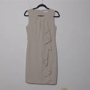 Calvin Klein Sheath Dress Beige Tan Stretch Jewel Neck Sleeveless Ruffle 6 thumbnail 11