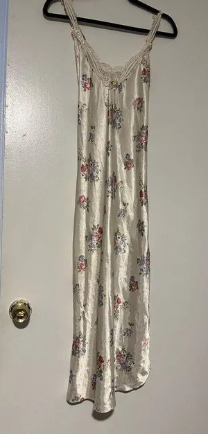 Vintage Floral Satin Slip Nightgown Lingerie Cottagecore pearl dangle midi dress thumbnail 2