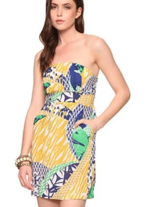 Forever 21 Tropical Strapless Yellow Blue Green Mini Dress Sundress Womens L thumbnail 1