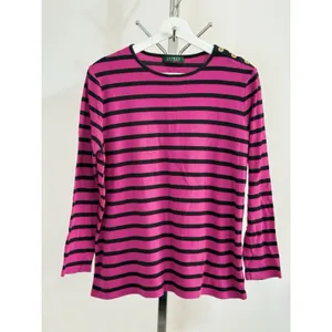 Lauren Ralph Lauren Shirt Womens Size L Pink Black Striped Long Sleeve Preppy thumbnail 2