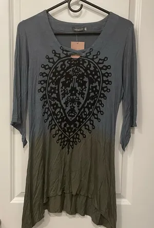 EARTHBOUND Blue and Olive Tunic Top thumbnail 1