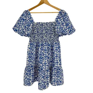 THML Blue White Floral Smocked Mini Dress Medium Puff Sleeve Coastal Cottagecore thumbnail 6