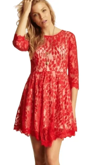 FREE PEOPLE Women’s Red Floral Lace handkerchief hem cocktail dress 8 thumbnail 1