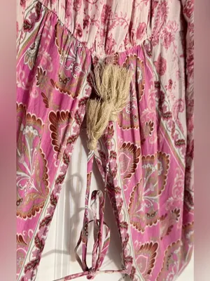 Entro Dolman Sleeve Pink Floral Paisley Boho Tie Tassel V-neck Mini Dress Large thumbnail 5