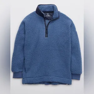 NWT Aerie Dream Sherpa Quarter Zip Pullover Marbled Blue XL Oversized Cozy thumbnail 3