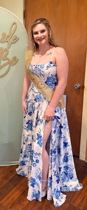 B Darlin Blue floral dress with train thumbnail 1