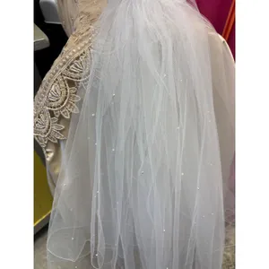 White Floral Bridal Crown Headband w/ Tiered Pearl Tulle Veil Wedding Accessory thumbnail 8