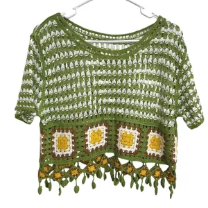 Crochet Granny Square Fringe Crop Top Green White Boho Festival Beach Cover Up L thumbnail 1