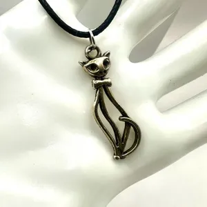 Silver tone cat pendant necklace on black cord thumbnail 7