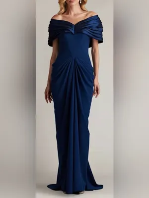 NEW Tadashi Shoji Seraphine Pleated Portrait Collar navy blue Gown Sz 14 thumbnail 2
