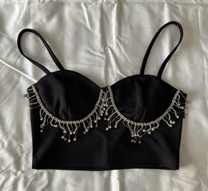 Black Crop Top With Rhinestone Fringe Detail thumbnail 1