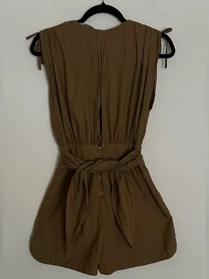 Zara Linen and Cotton Olive-Green Surplice Romper with Smocked Waist Size XS thumbnail 3