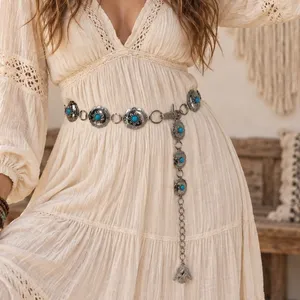 Thunderbird Western Boho Chain Belt Silver Turquoise Concho Lightweight Festival thumbnail 1