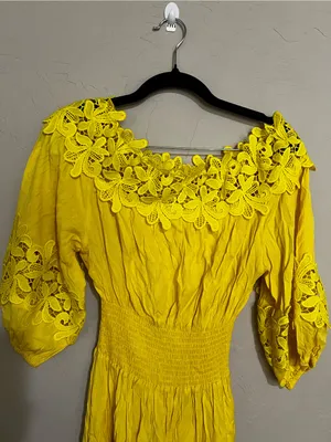Gianni‎ Bini Yellow Off Shoulder Lace Trim Boho Peasant Spanish Vaca Mini Dress thumbnail 3