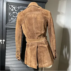 Vintage 70s Suede Leather Belted Mini‎ Trench Jacket Brown 9/10 thumbnail 3