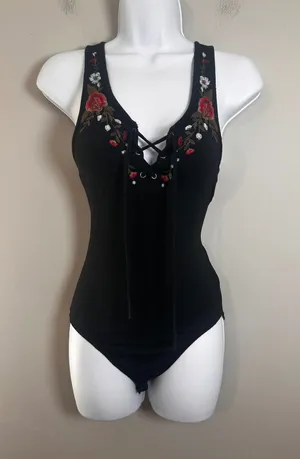 American Eagle Black Floral Embroidered Lace Up Bodysuit Womens Small S Boho Y2K thumbnail 1