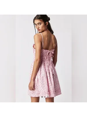 Free People Gabby Mini Dress Pink Cherry Floral Smocked Mini Sundress Medium thumbnail 2
