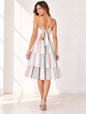 NWT Japna Pastel Stripe Tiered Midi Sundress Open Back Tie Bow Cami Boho S vacay thumbnail 2