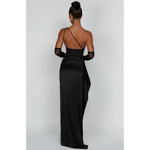 Babyboo Ariel Dress Black One Shoulder Ruched Satin Gown Size Medium NWT thumbnail 2
