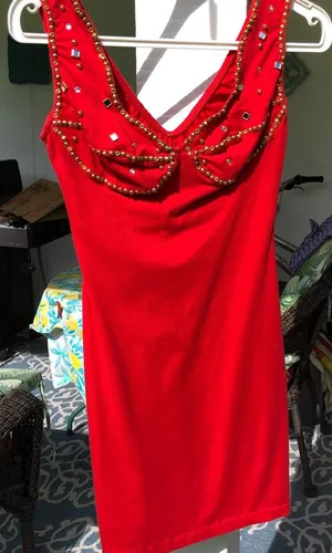 🛍️Red bodycon short dress w/mirrors and gold beads S thumbnail 1