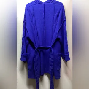 POL chunky cable knit sweater Long open front Belted cardigan Royal Size M/… thumbnail 7