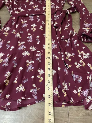 Mi Ami Long Sleeve Floral Mini Dress Size M Maroon Surplice Tie Waist Boho Chic thumbnail 12