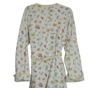 Vintage Prima Donna Cotton Robe Small Fish Starfish Print Yellow Trim Beach 90s thumbnail 8