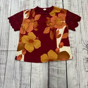 Anthropologie TINY Jeanine Eyelet Embroidered Floral Burgundy Top Small Tee thumbnail 7