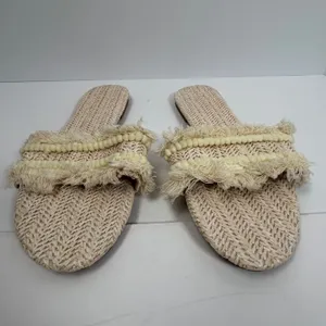 Woven Straw Slide Sandals Beige Fringe Pom Pom Trim‎ Flat Beach Size 10 thumbnail 2