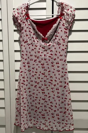 Romwe Coquette girl cherry print mesh lace trim sweetheart neckline dress red white xs thumbnail 1