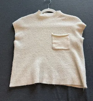 Cream Short-Sleeve Knit Sweater with Chest Pocket thumbnail 1