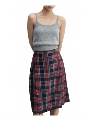 Mango Pleated Midi-Skirt NWT Red Blue Plaid Size Small thumbnail 5