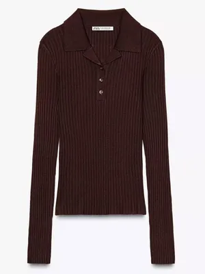 Zara Ribbed Knit Polo Top Long Sleeve - Brown - Size M - 3471 thumbnail 1