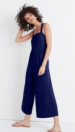 Madewell Smocked Button-Front Crop Jumpsuit thumbnail 1