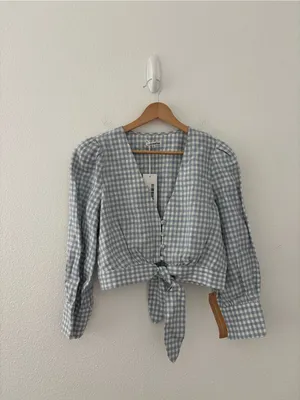 Reformation Liam top in blue gingham new nwt thumbnail 2