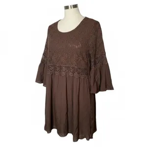 Indigo Soul Mini Dress Womens Medium Brown‎ Gored Crochet Lace Bell Sleeve Boho thumbnail 2