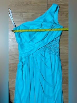 David’s bridal Malibu blue one-shoulder floor length, lace inset @one waistline. thumbnail 8