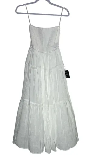 Lulus White Smocked Tiered‎ Maxi Dress Tie Back Lace Trim Small thumbnail 1