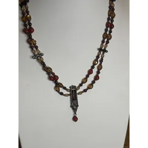 Vintage Multi-Strand Necklace With Red & Amber Beads Bronze Pendant & Chain Intr thumbnail 8