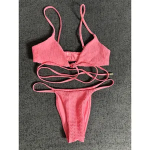 Monday Swimwear St.martin Bikini Top Bottom Set Textured in Azalea Pink size P/S thumbnail 4