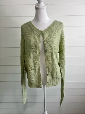 Crescent Wool Mohair Blend Saga Green Open Knit Cardigan Sweater Button Front thumbnail 3