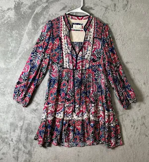 Anthropologie Spliced Tunic Dress Red & Blue Paisley Long Sleeve‎ Medium Petite thumbnail 1