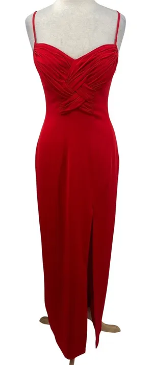 Vintage 90s Cache Gown Braided Twist Front Sweetheart High Slit Crepe Red 8 thumbnail 1