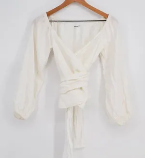 Reformation Hart Linen Wrap Top Womens XS White Off The Shoulder Long Sleeve thumbnail 1