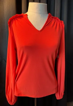 CeCe Florence Rose Ruffle V-Neck Blouse Cherry Pop Red‎ Long Sleeve XS 7063609 thumbnail 1