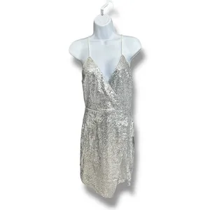 New Lulu's Hilaria Silver Sequin Bodycon Mini Halter Dress Faux Wrap Hem Small thumbnail 2