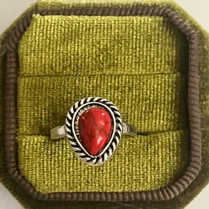 Boho/Design Red Turquoise Teardrop Shape Silver Band Size 6 thumbnail 2